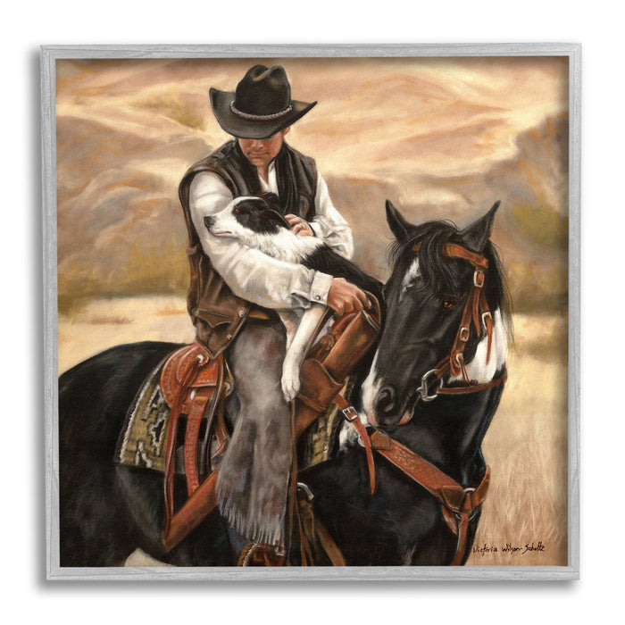 Cowboy with Dog Landscape Framed: Black / 24 x 24