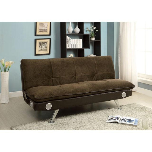 GALLAGHER Dark Brown/Chrome Futon Sofa w/ Bluetooth Speaker, Brown image