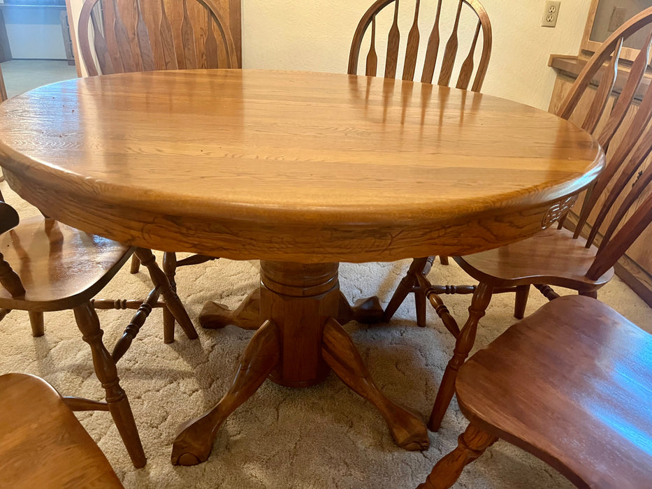 Wood kitchen or dining table dark oak w leaf, 6 arrowback chairs 32705