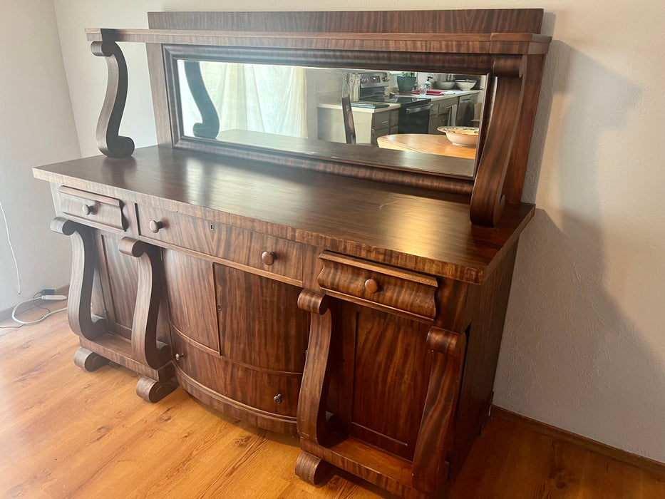 Tiger stripe mahogany buffet sideboard cabinet w 4 drawers and 4 doors, beveled mirror 32882