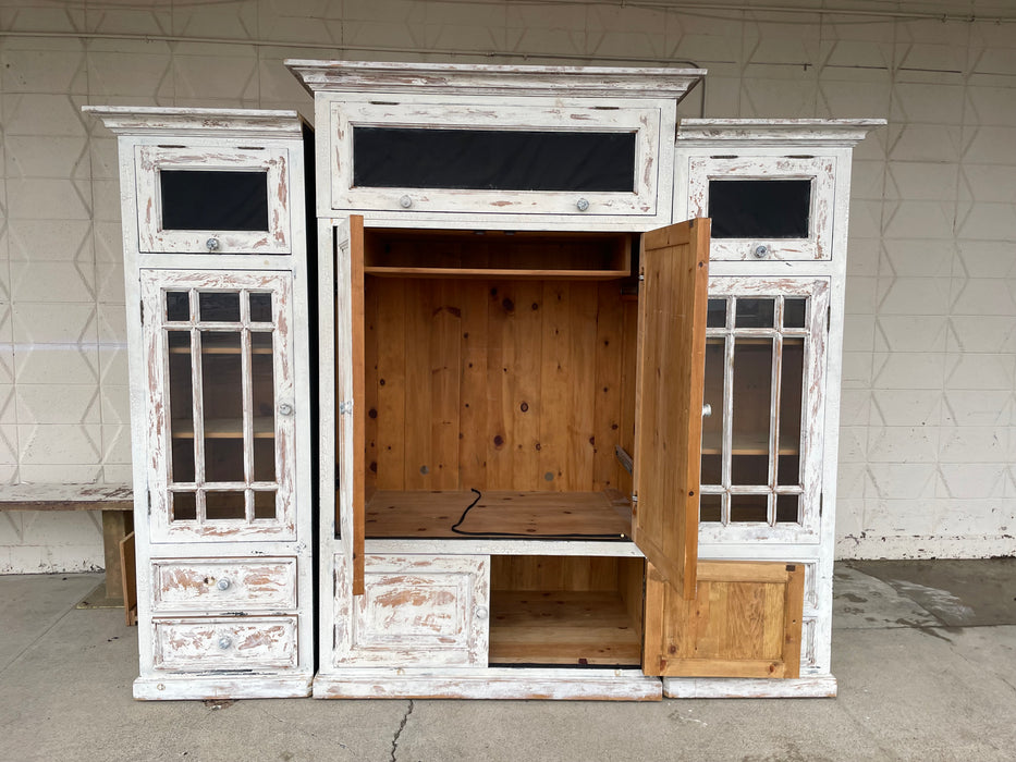 Farmhouse rustic white entertainment center TV stand w/ tower pier cabinets 33364