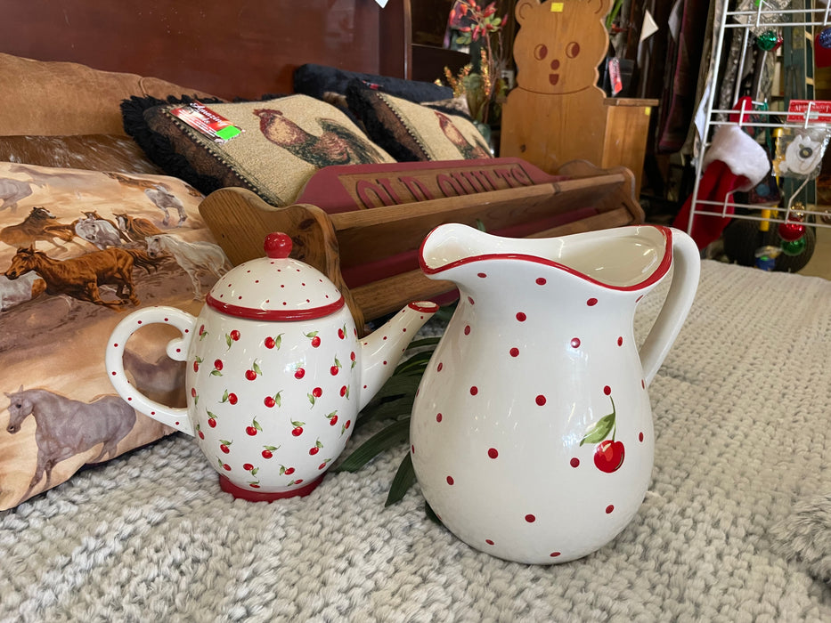 Hallmark ceramic red cherry polka dot pitcher and teapot set 33051