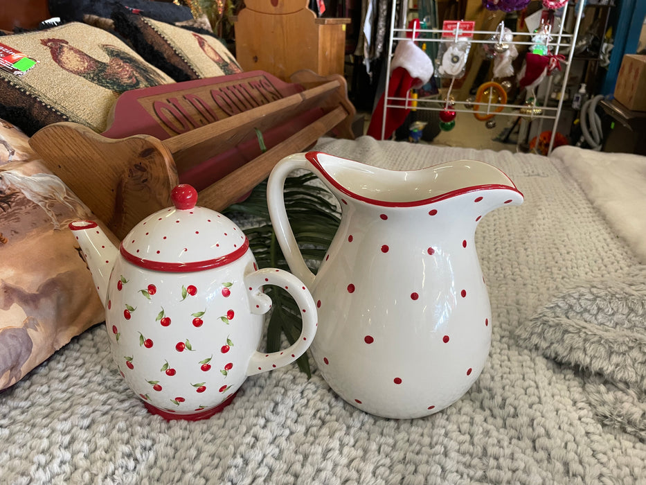 Hallmark ceramic red cherry polka dot pitcher and teapot set 33051