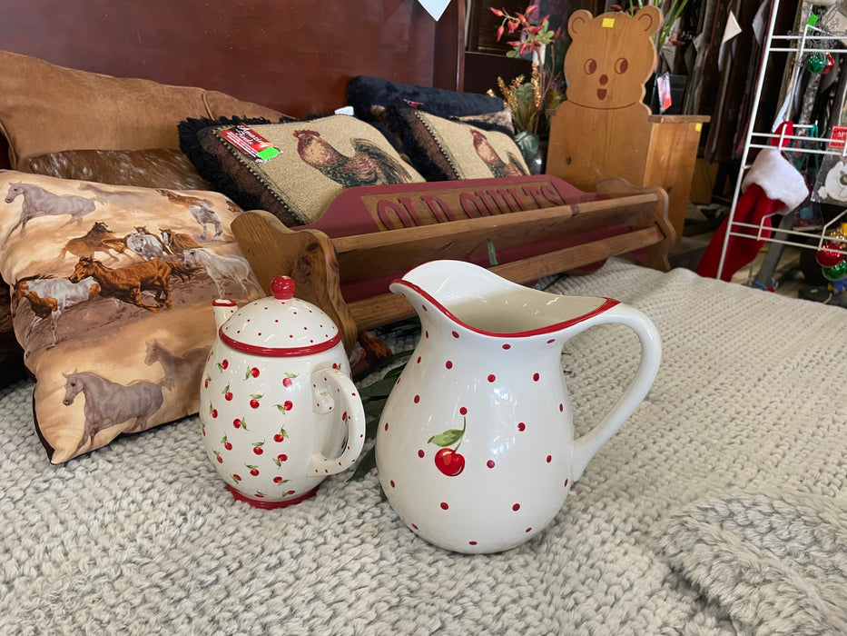 Hallmark ceramic red cherry polka dot pitcher and teapot set 33051