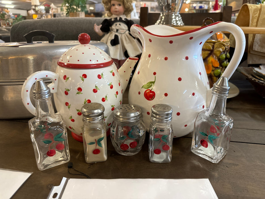 Hallmark ceramic red cherry polka dot pitcher and teapot set 33051