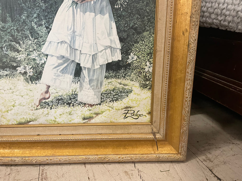 Girl holding flowers framed matted picture 33096