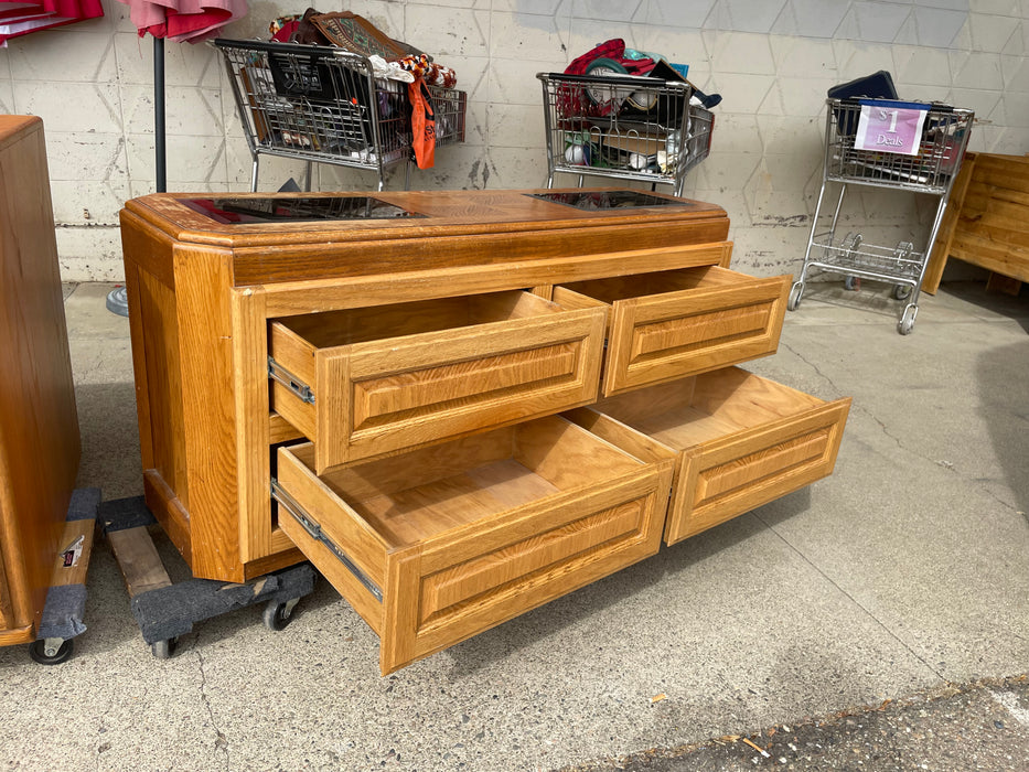 4 drawer oak TV stand with glass top 33098