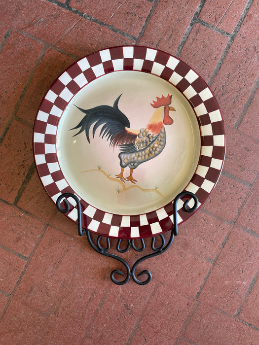 Farmhouse rooster plate with metal wall hanger 32999