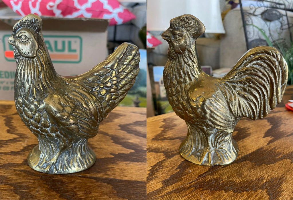 Mid century brass chicken and rooster figurine 2pc set 33011