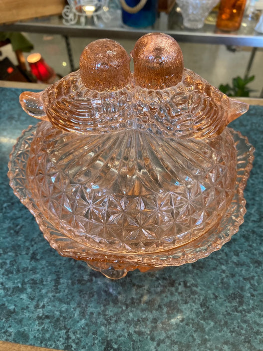 Hofbauer Byrdes pink glass candy dish w\ Lovebirds lid, Vintage 27141