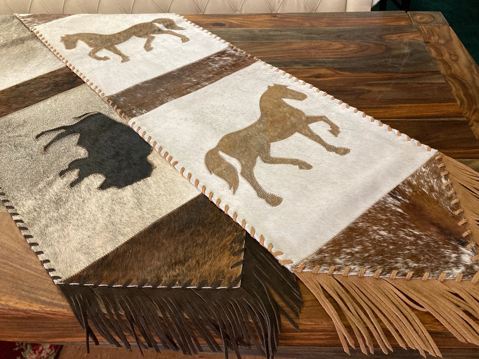 Cowhide and leather large table runner with fringe GL-20018