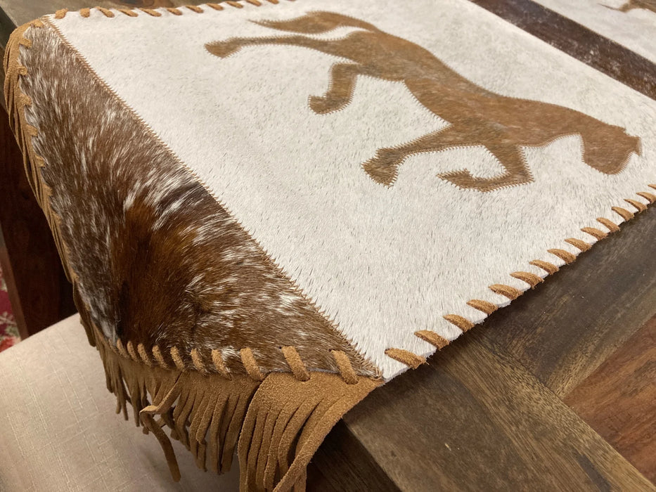 Cowhide and leather large table runner with fringe GL-20018