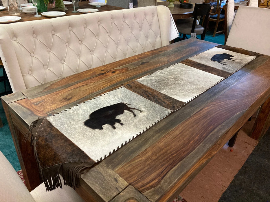 Cowhide and leather large table runner with fringe GL-20018