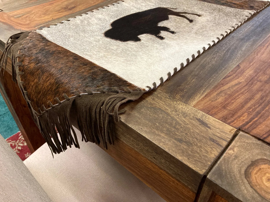 Cowhide and leather large table runner with fringe GL-20018