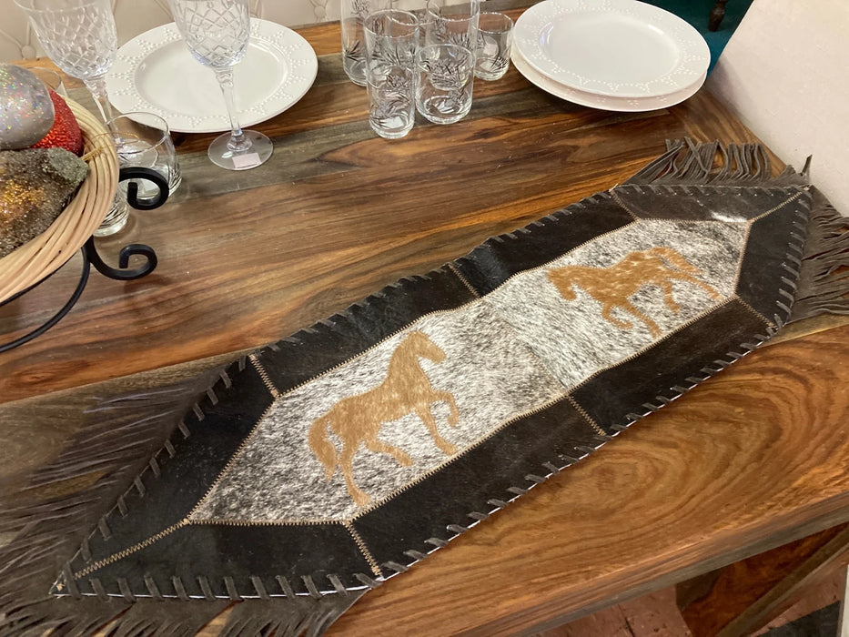 Cowhide and leather small table runner with fringe GL-20017