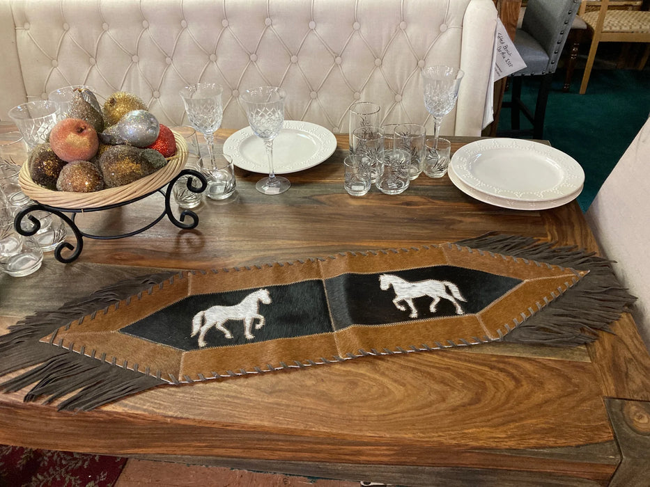 Cowhide and leather small table runner with fringe GL-20017