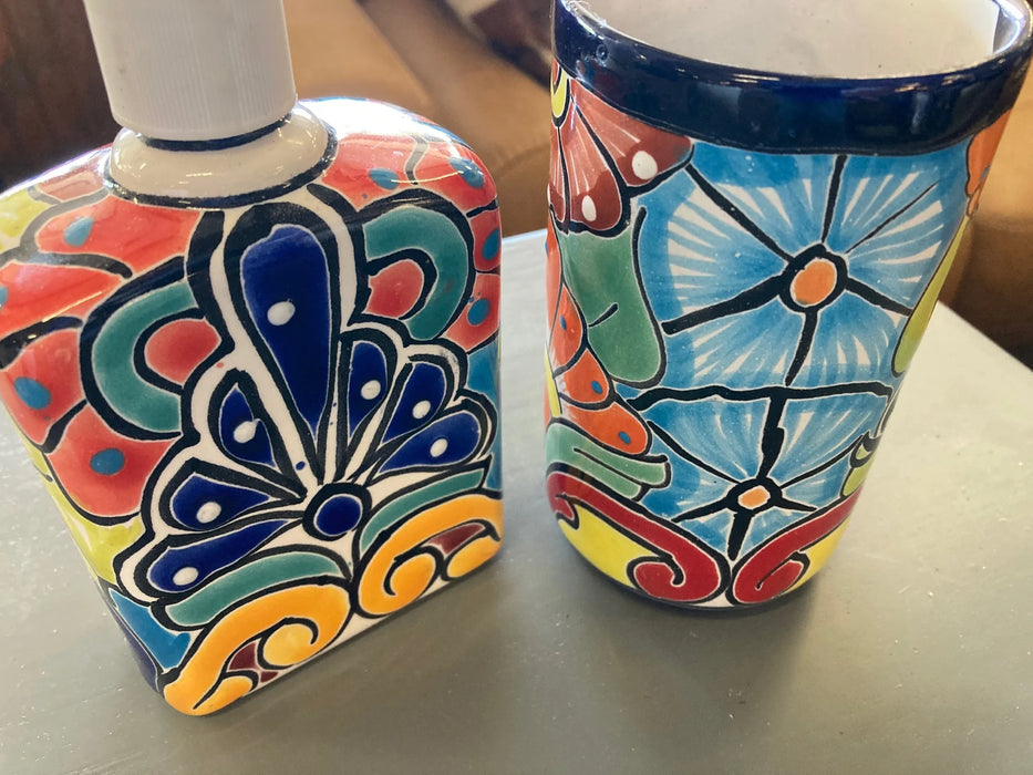 Mexican folk art ceramic soap dispensor and cup set, lead free, made in Mexico 28231