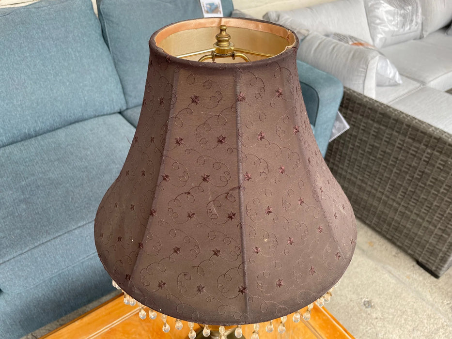 Amber colored glass lamp with crystal prisim and embroidered shade 28313