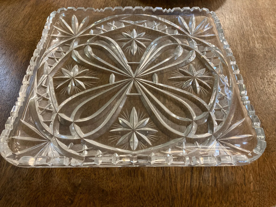 Vintage square clear fine crystal bowl with sawtooth rim cut glass stars 28732