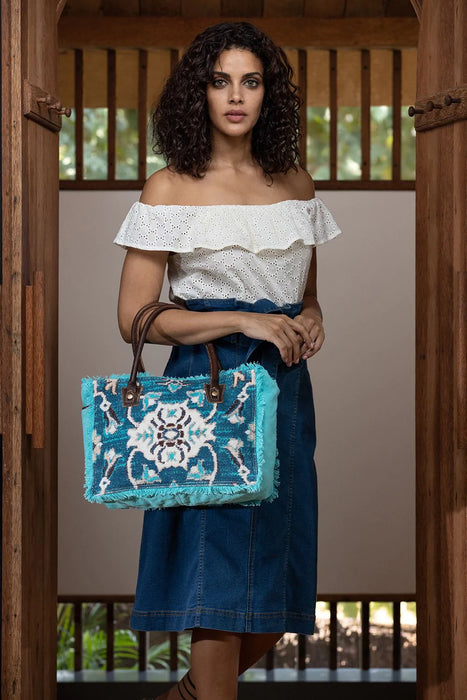 Aqua Imagica Canvas, Leather & Rug Tote Hand Crafted Myra Bag NEW MY-S-2106