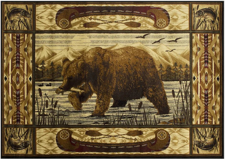 Persian Weavers Wilderness 761 bear fishing cabin rug NEW 5x7 PW-WD-7615x7