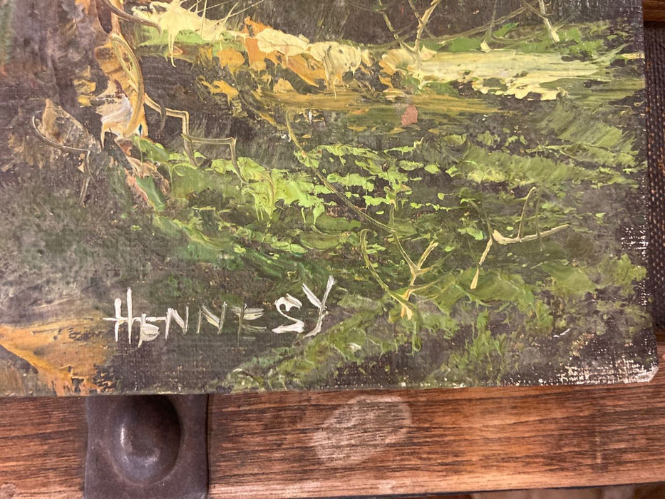 Hennesy oil painting barn forest 26699