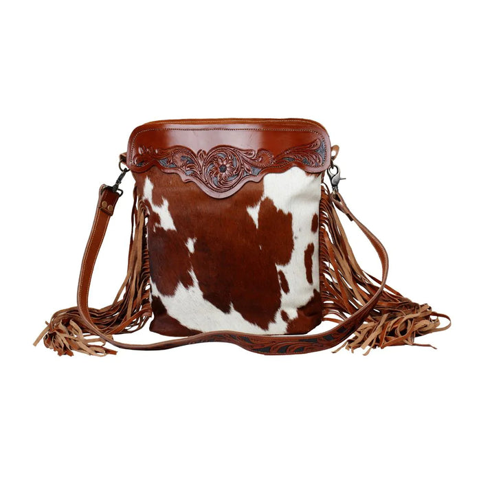 Cowboy Hand-Tooled Cowhide & Leather Shoulder Purse w/ Fringe Hand Crafted Myra Bag NEW MY-S-2614